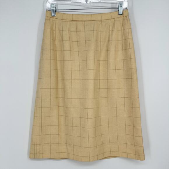 Vtg Pendleton Wool Silk Blend Skirt 10 Petite Pale Yellow Check Pocket Y2K USA - Picture 1 of 8